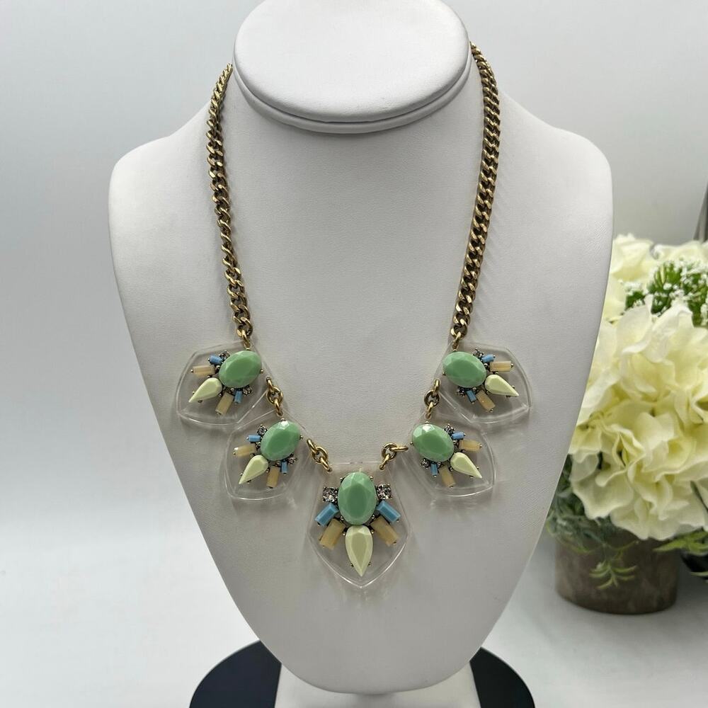 J. CREW Necklace Rhinestone Clear
Lucite Green Blue Brass Chain
Statement